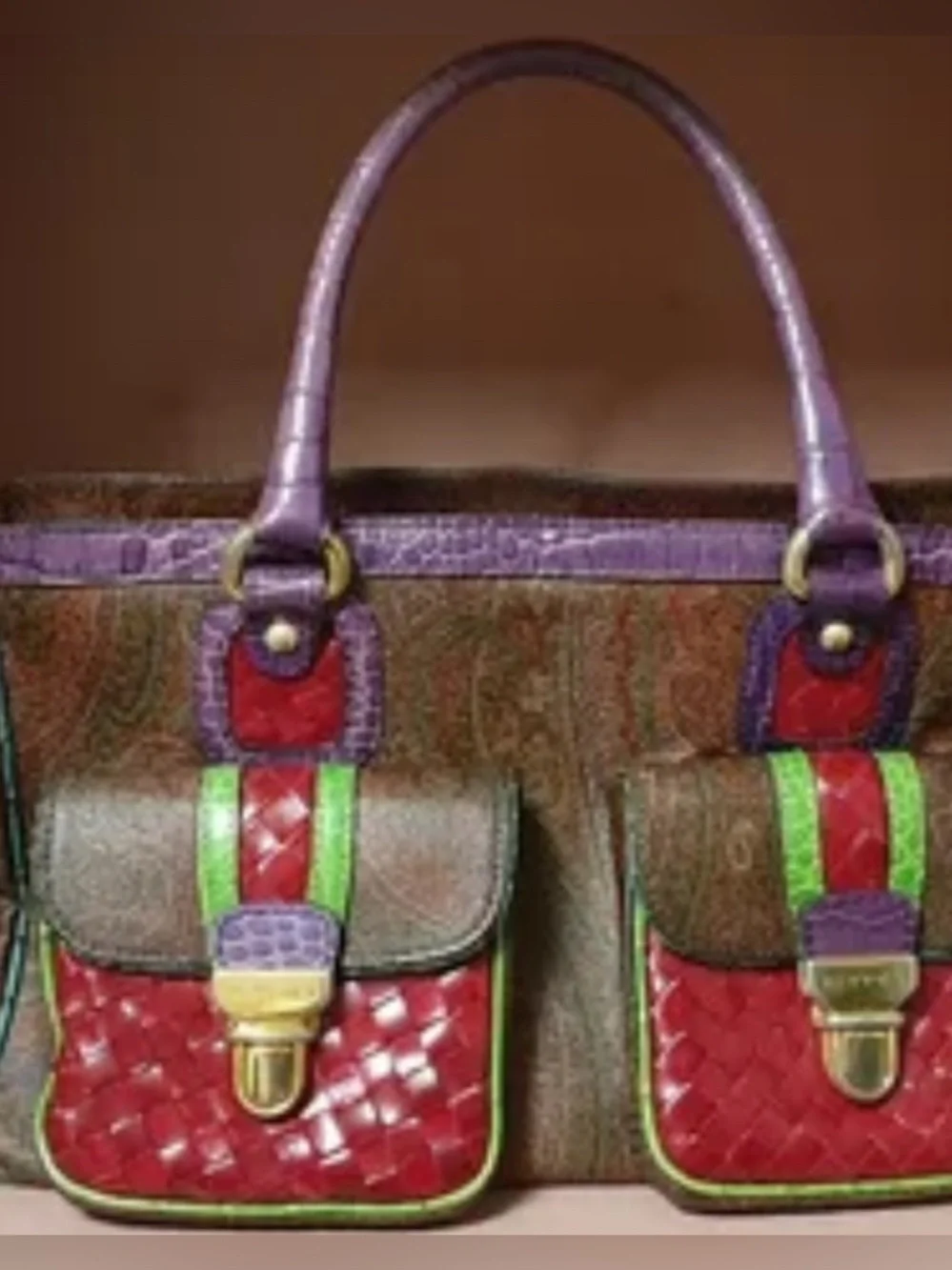 ETRO MILANO Vintage Brown Satchel with Purple Handles and Red Front Pockets